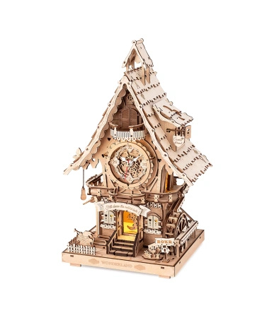 Zegar z Kukułką „Alicja” – Puzzle 3D ROKR, naturalne drewno