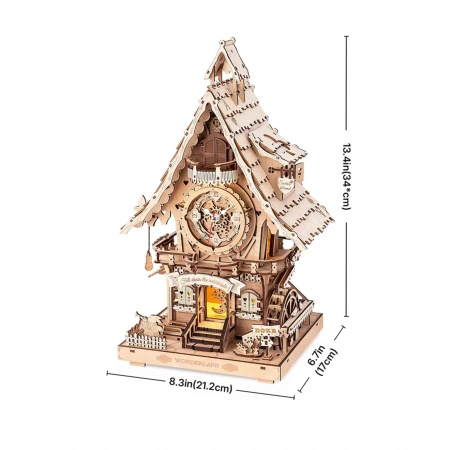 Zegar z Kukułką „Alicja” – Puzzle 3D ROKR, naturalne drewno