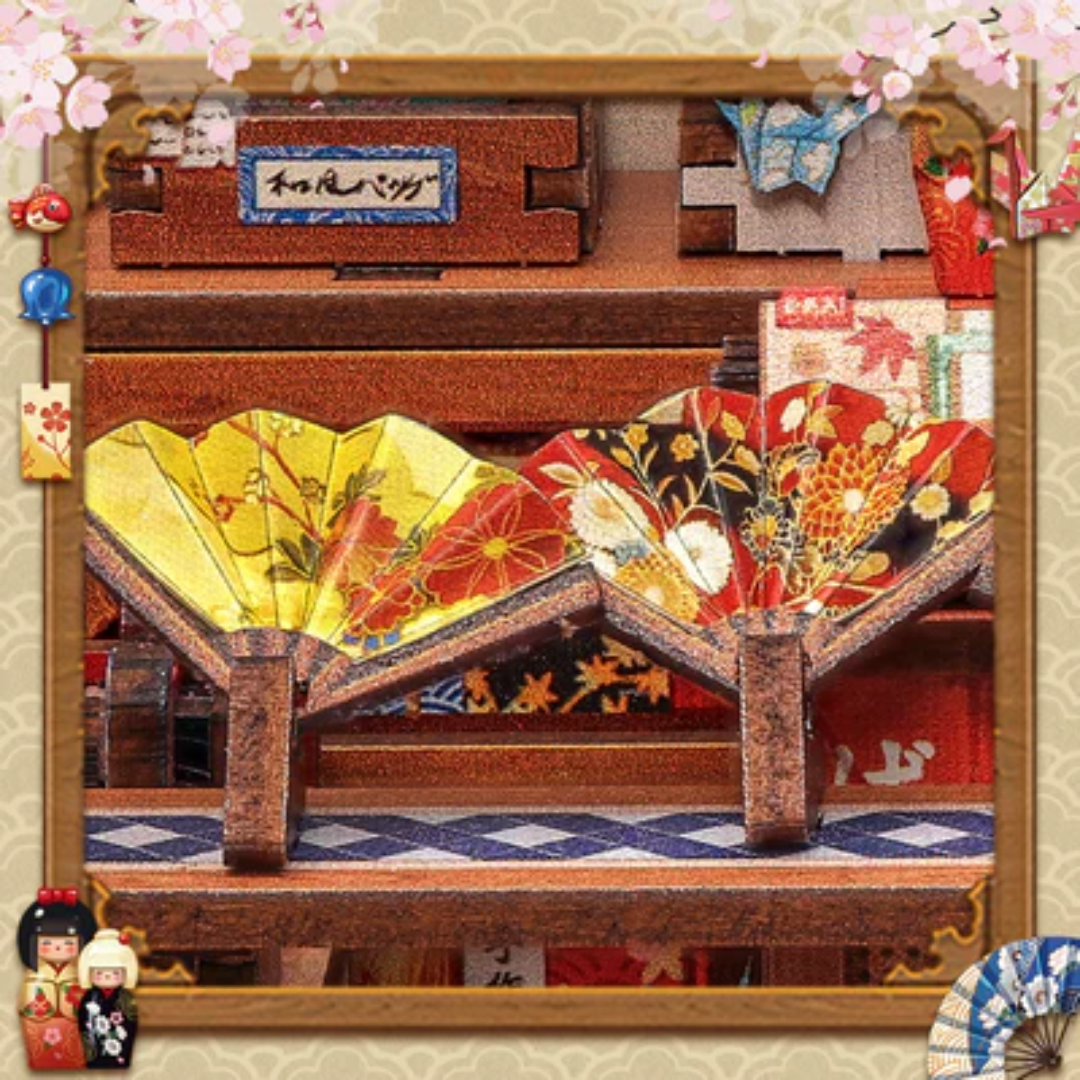 Japońskie wachlarze i banery – Sklepik z Lalkami Kokeshi – DIY Book Nook Puzzle 3D | CuteBee