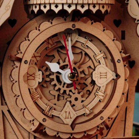 Zegar z Kukułką „Alicja” – Puzzle 3D ROKR, naturalne drewno