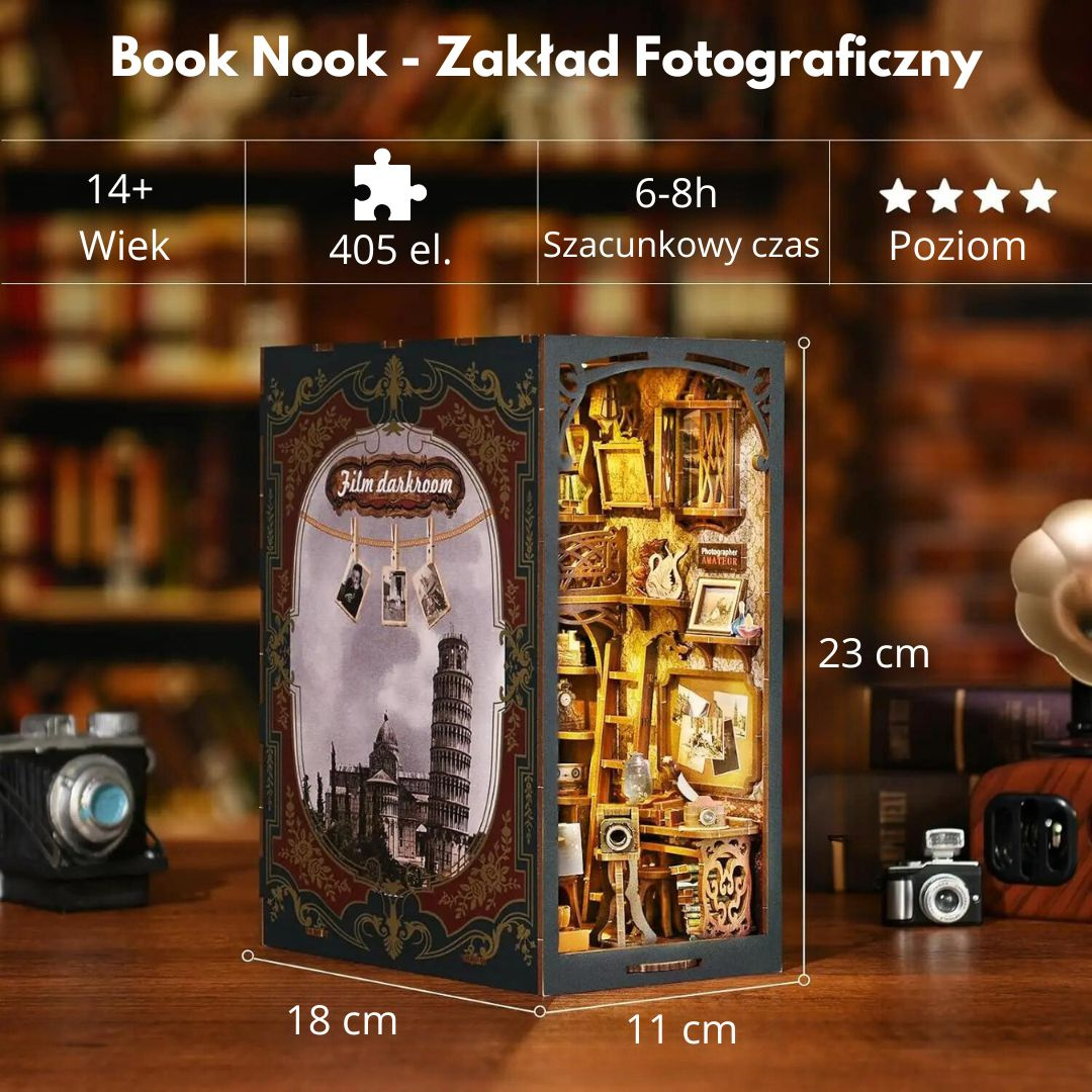 Zakład Fotograficzny – DIY Book Nook Puzzle 3D – wymiary modelu