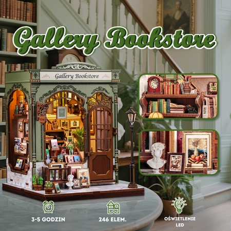 Gallery Bookstore – zbliżenie wnętrza book nook, półki i obrazy
