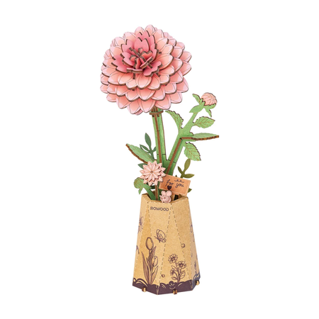 Pink Dahlia – Puzzle 3D Rowood, drewniana dalia w wazonie
