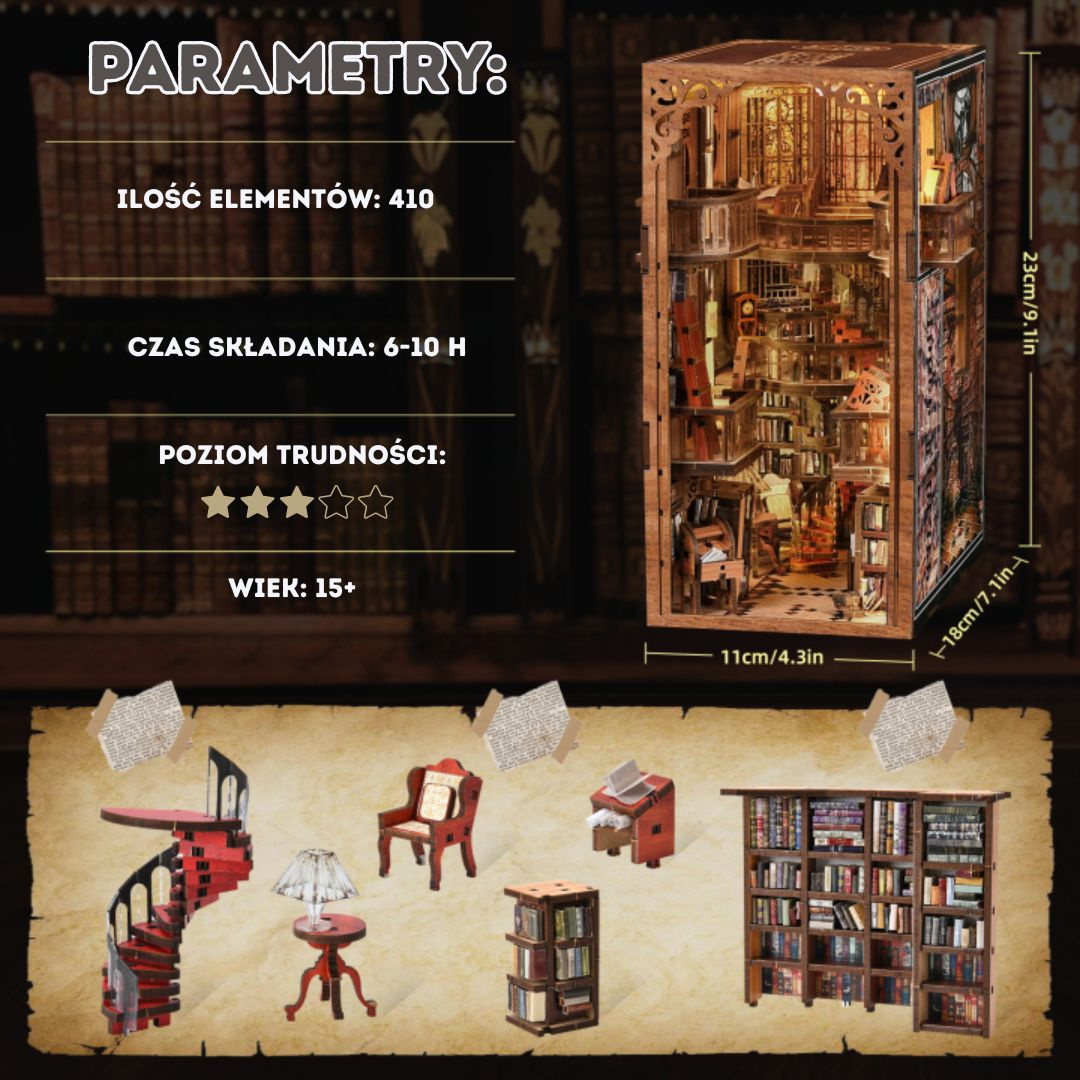 Abbey Library Minicity DIY Book Nook – Puzzle 3D Prezent – wymiary modelu