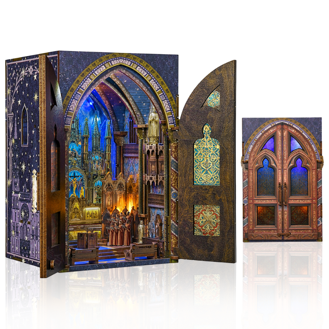 Dekoracja z drzwiami chroniącymi wnętrze – Notre-Dame Basilica DIY – Book Nook, Gotycka Bazylika na Półkę