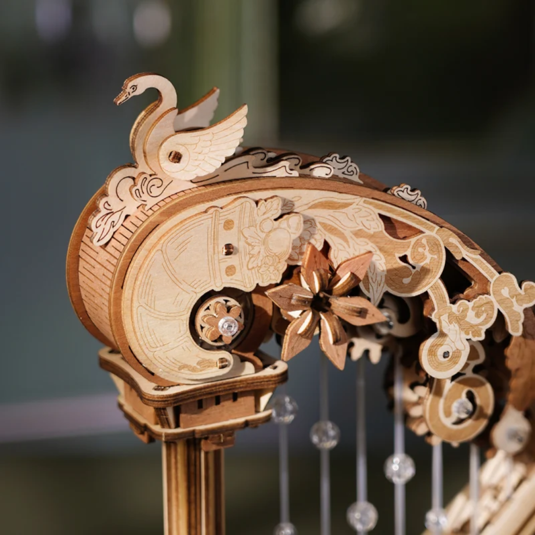 Łabędź na strunach harfy – Magic Harp – Puzzle 3D ROKR, mechaniczna szkatułka grająca z łabędziem
