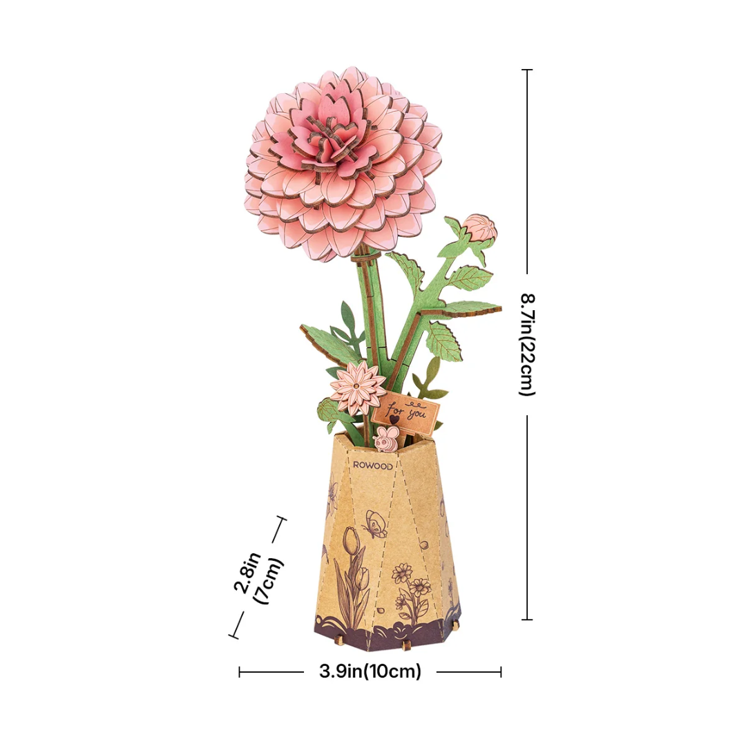 Pink Dahlia – Puzzle 3D Rowood, drewniana dalia w wazonie – wymiary modelu