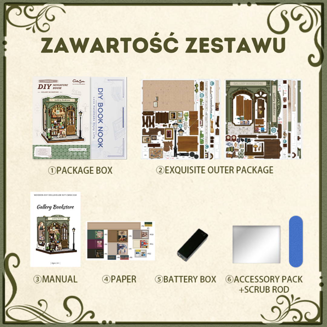 DIY Book Nook - Gallery Bookstore | Cutebee miniaturowy domek puzzle 3D – wymiary modelu