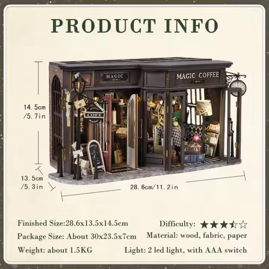 DIY Miniaturowy Domek - Magic Coffee Shop | Cutebee – wymiary modelu