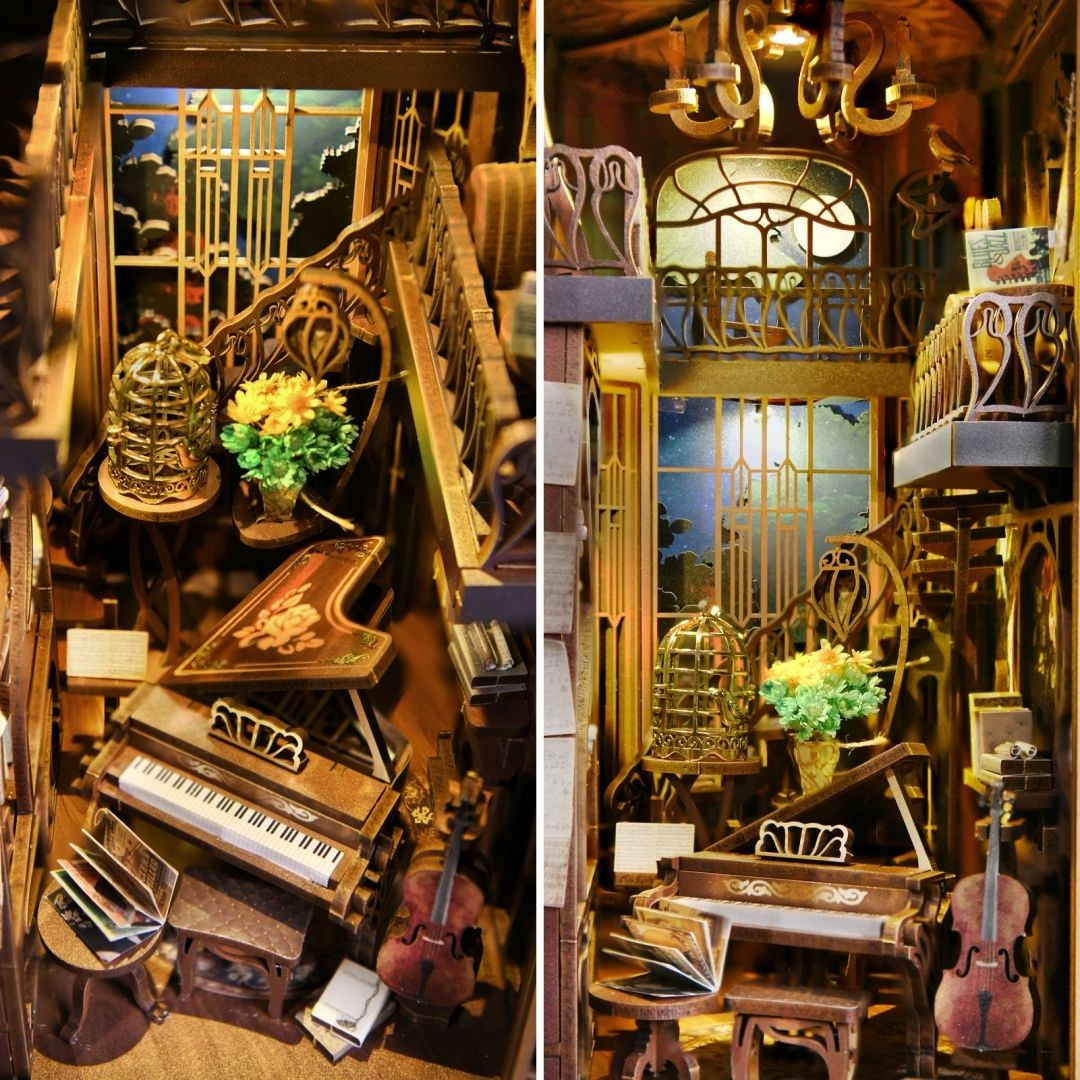 Pianist with Nightingale DIY – book nook w stylu Art Nouveau – oświetlenie LED po zmroku