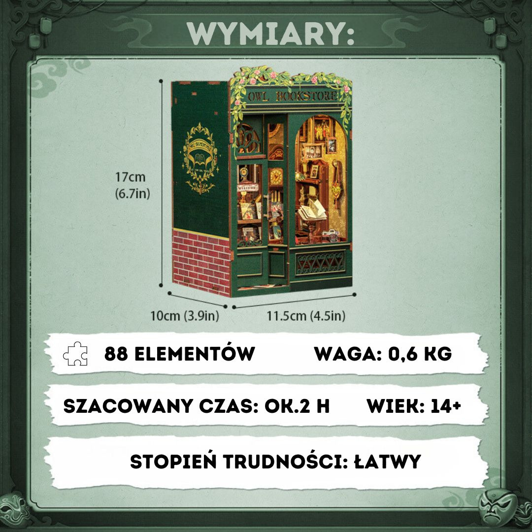 DIY Book Nook Zestaw Świąteczny - Księgarnia u Sowy – wymiary modelu