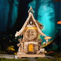 Zegar z Kukułką „Alicja” – Puzzle 3D ROKR, naturalne drewno