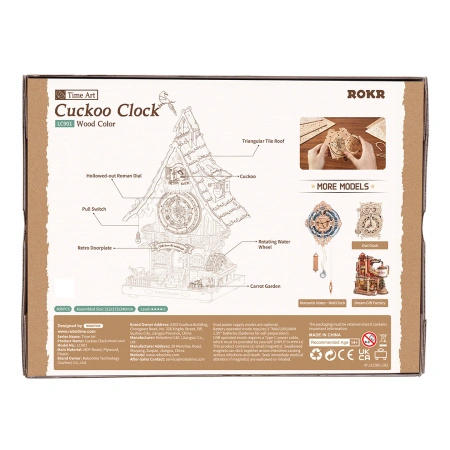 Zegar z Kukułką „Alicja” – Puzzle 3D ROKR, naturalne drewno