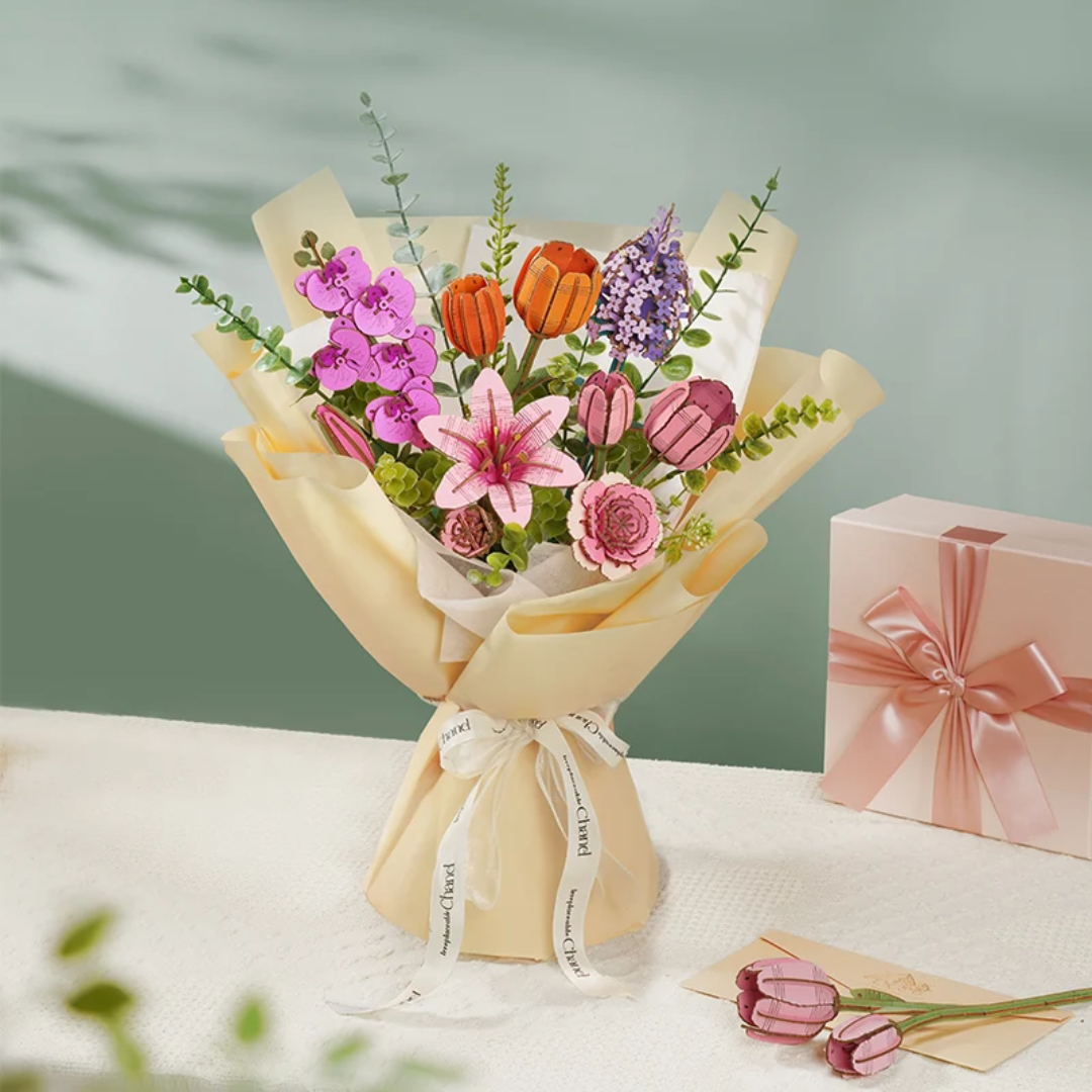 Muzyczna niespodzianka – Pink Tulip – Puzzle 3D Rowood, drewniany bukiet z pozytywką