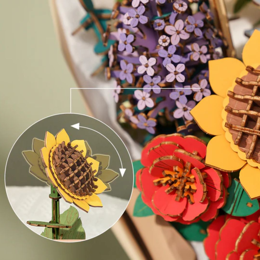 Zielona łodyga i stabilna podstawa – Słonecznika – Puzzle 3D Rowood, drewniany kwiat DIY Rolife