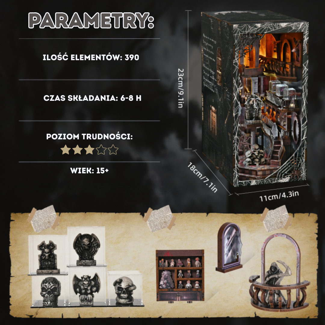 Upiorne Relikwie Minicity DIY Book Nook – Puzzle 3D Prezent – wymiary modelu