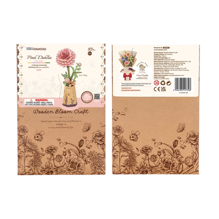 Pink Dahlia – Puzzle 3D Rowood, drewniana dalia w wazonie
