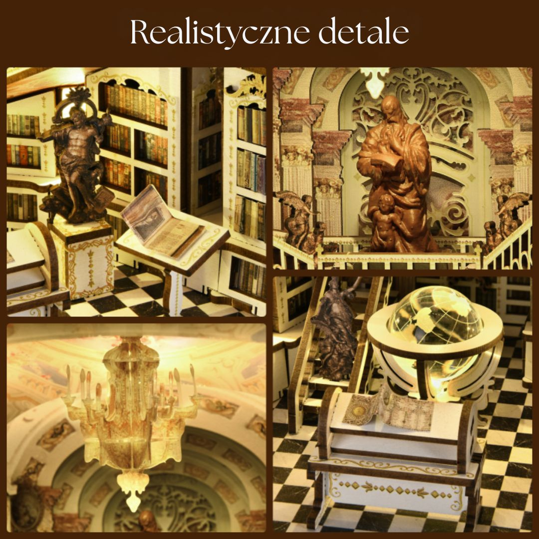 Świetlisty globus w centrum – Library of Gods Max – DIY Book Nook MiniCity | Puzzle 3D Prezent