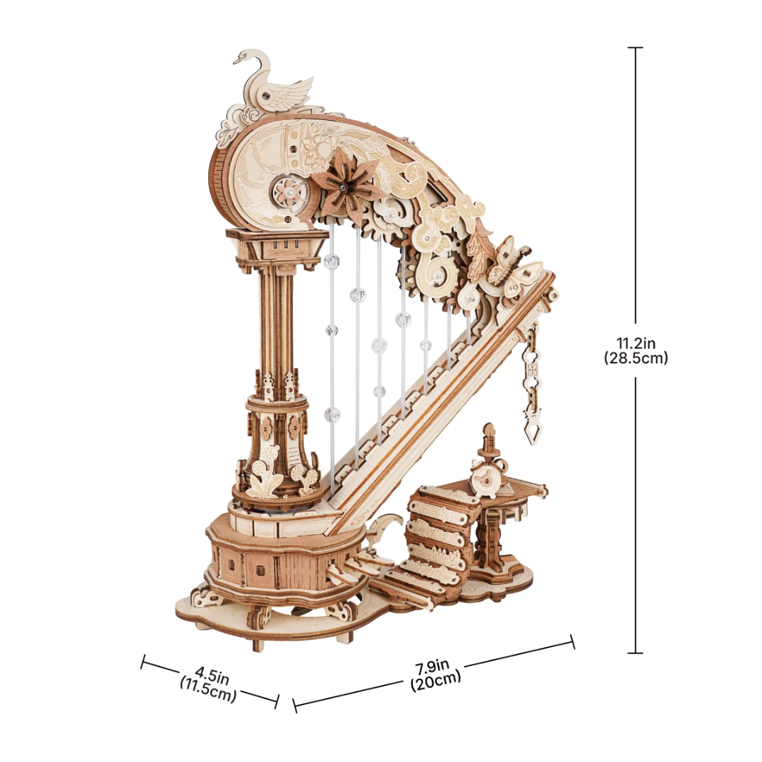 Magic Harp – Puzzle 3D ROKR, mechaniczna szkatułka grająca z łabędziem – wymiary modelu