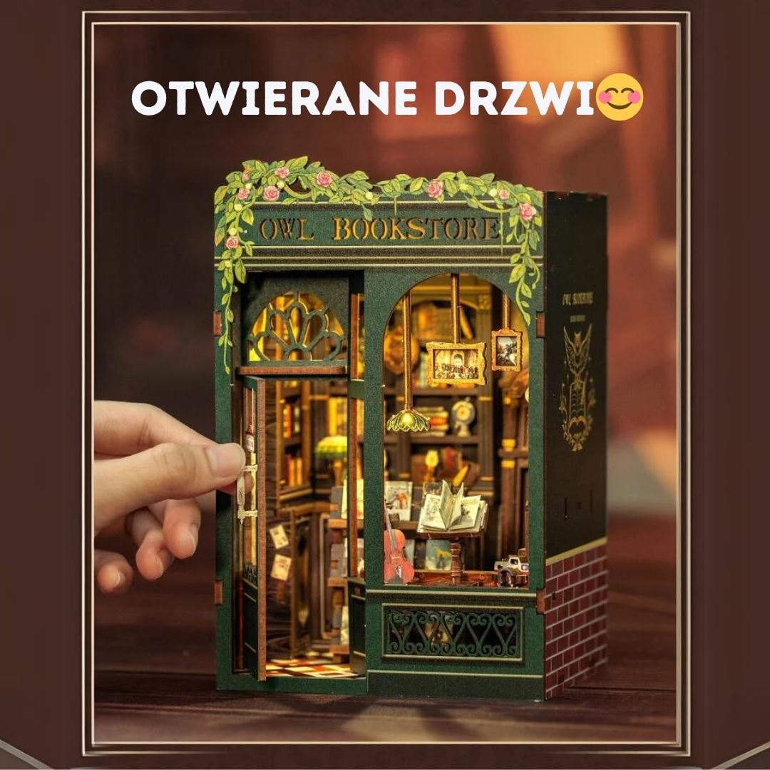 DIY Book Nook Zestaw Świąteczny - Księgarnia u Sowy – oświetlenie LED po zmroku