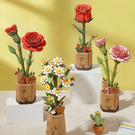 Czerwony Goździk – Puzzle 3D Rowood, drewniany kwiat DIY