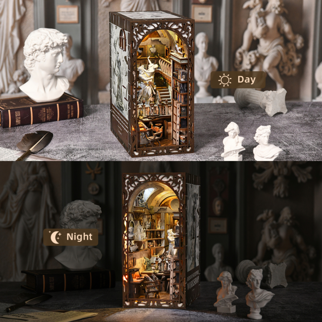 Pracownia Rzeźbiarska Minicity DIY Book Nook – Puzzle 3D Prezent – oświetlenie LED po zmroku