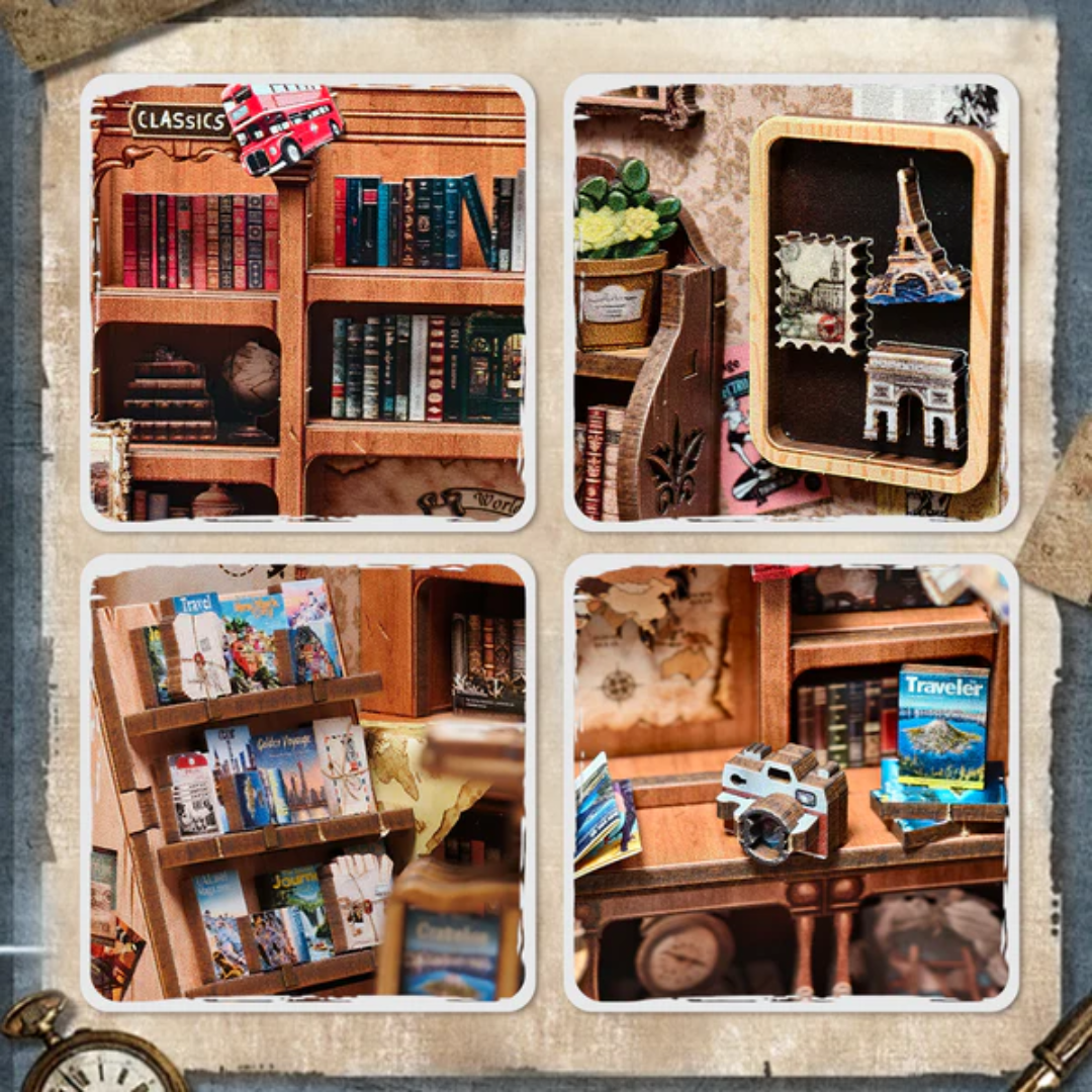 Detale, które odkrywasz – Księgarnia Podróżnicza Cutebee DIY Book Nook – Puzzle 3D Prezent