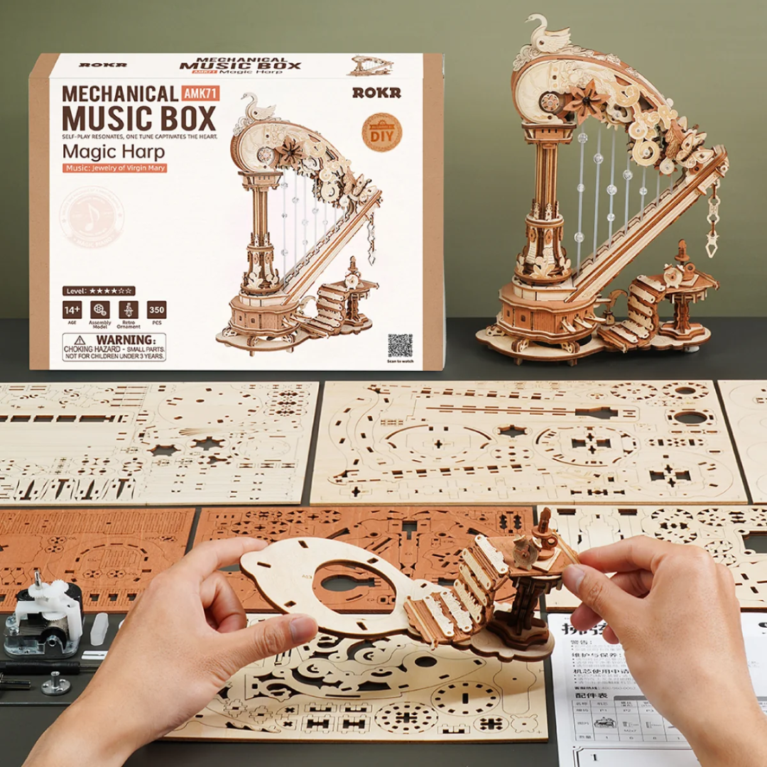 Magic Harp – Puzzle 3D ROKR, mechaniczna szkatułka grająca z łabędziem – instrukcja krok po kroku