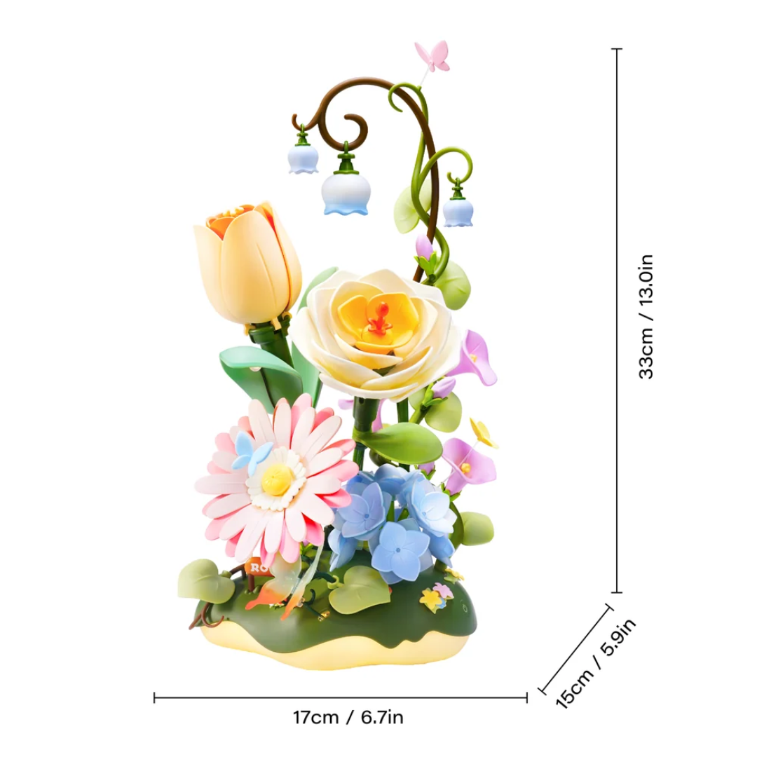 Garden Ramble – Puzzle 3D ROKR, bukiet kwiatów z LED (206 el.) – wymiary modelu