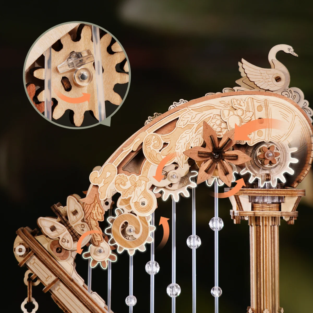 Magic Harp – Puzzle 3D ROKR, mechaniczna szkatułka grająca z łabędziem – oświetlenie LED po zmroku