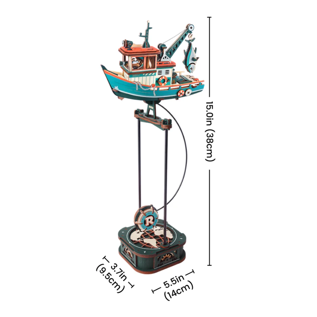Lucky Trawler – Puzzle 3D ROKR, kutter rybacki z pozytywką na wahadle – wymiary modelu
