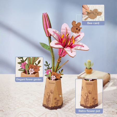 Pink Lily - Puzzle 3D Rowood, drewniany kwiat DIY