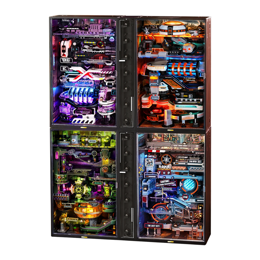 Mars Outpost Marble Run – Puzzle 3D ROKR, cyberpunk z LED (194 el.) – oświetlenie LED po zmroku