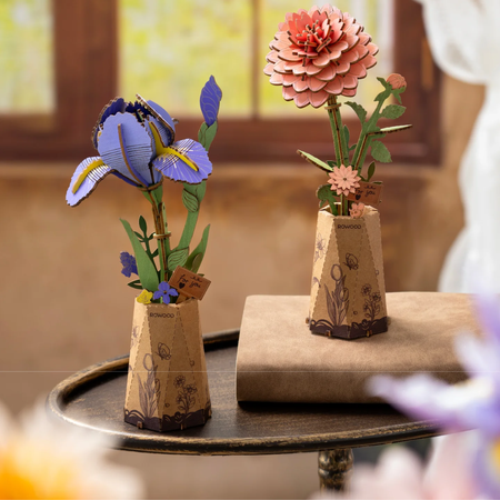 Pink Dahlia – Puzzle 3D Rowood, drewniana dalia w wazonie