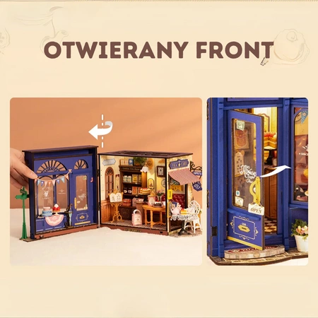 Zbliżenie wnętrza domku – półki, dodatki, światło