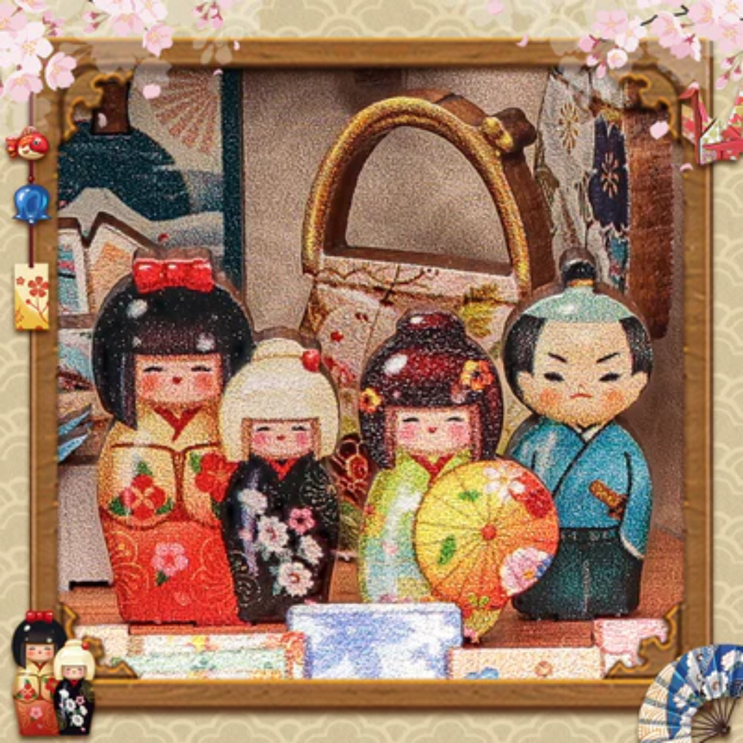 Witryna z laleczkami kokeshi – Sklepik z Lalkami Kokeshi – DIY Book Nook Puzzle 3D | CuteBee